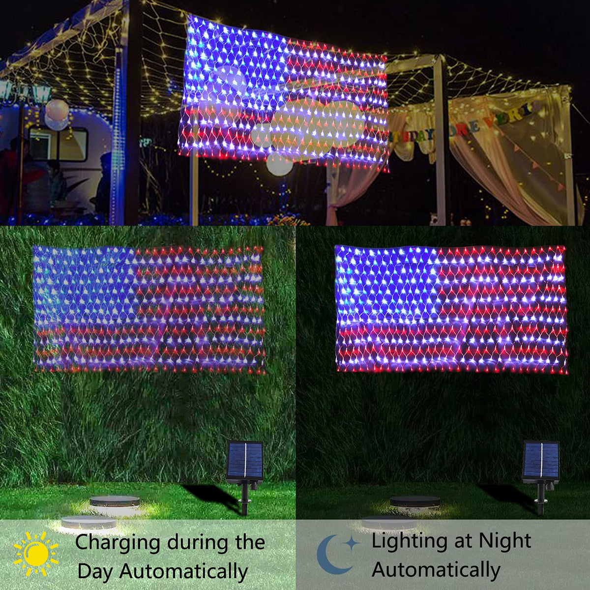 Decute US flag net light hung outdoors in a bold 6.6ft display.