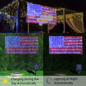 Decute US flag net light hung outdoors in a bold 6.6ft display.