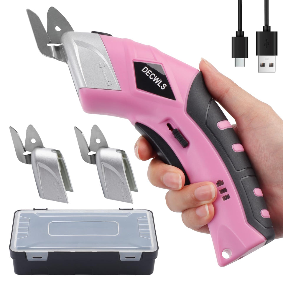 Decwls cordless electric scissors cutting fabric with three blades for precise tailoring.