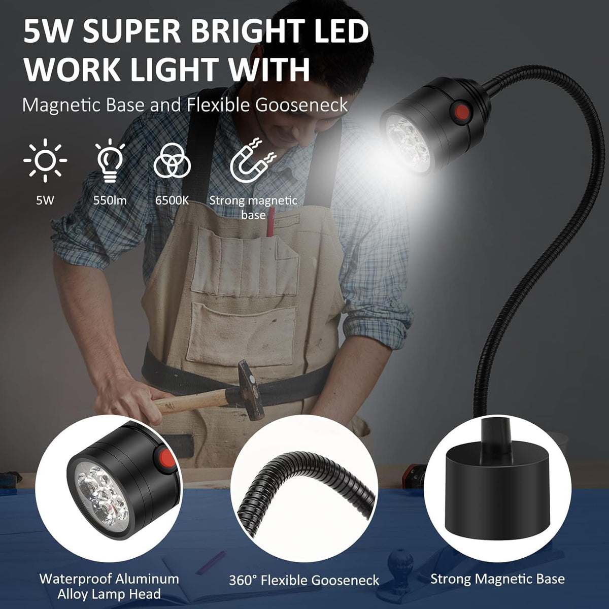 Deeffe magnetic work light gooseneck 360 rotation enables precise light direction