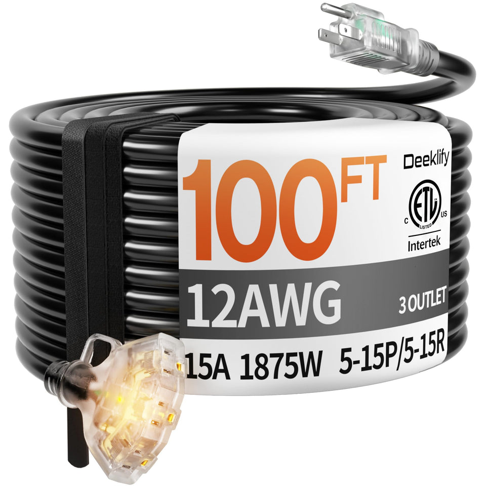 Deeklify 100 ft extension cord with 3 outlets for outdoor power access