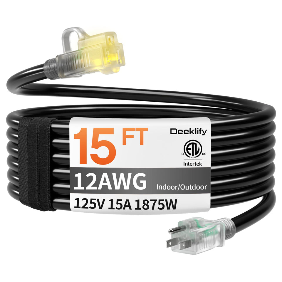 Deeklify 12AWG 15ft outdoor extension cord with lighted end for visible power status.