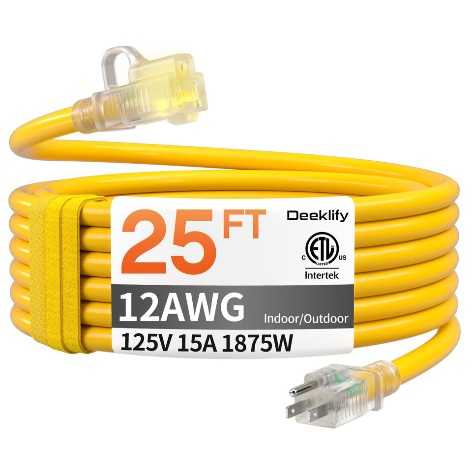Deeklify 12AWG 25ft extension cord waterproof for outdoor use.