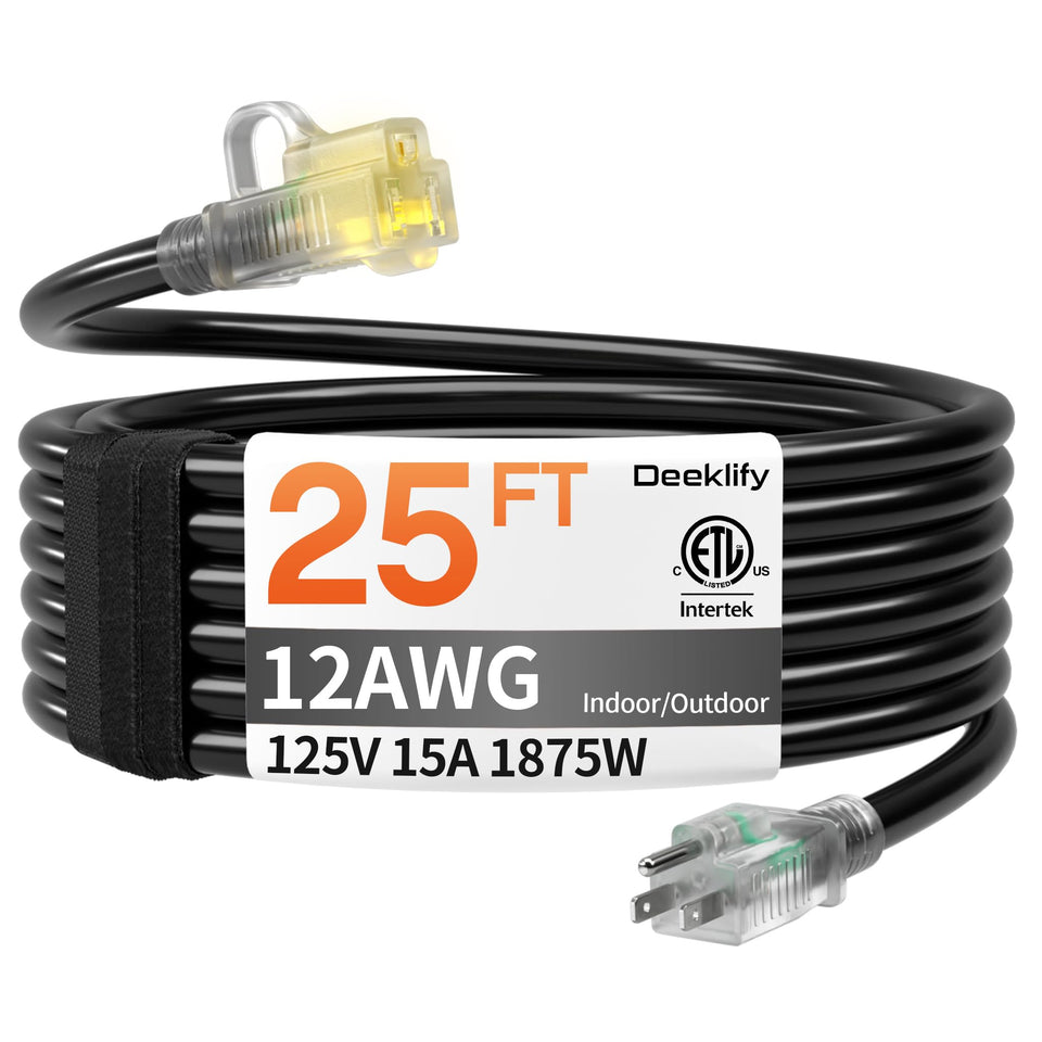 Deeklify 12AWG 25ft extension cord lighted end indicates power for outdoor use.