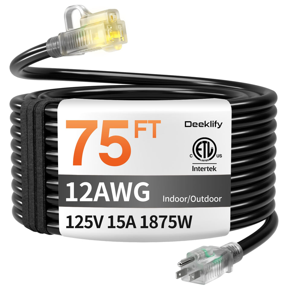 Deeklify 12AWG 75 ft extension cord with lighted end for safe exterior power.