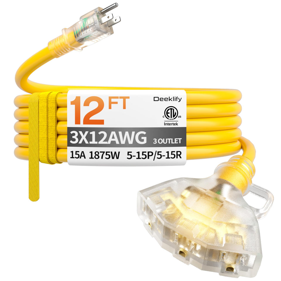 Deeklify 12 ft extension cord with indicator provides safe power status for outdoor use.