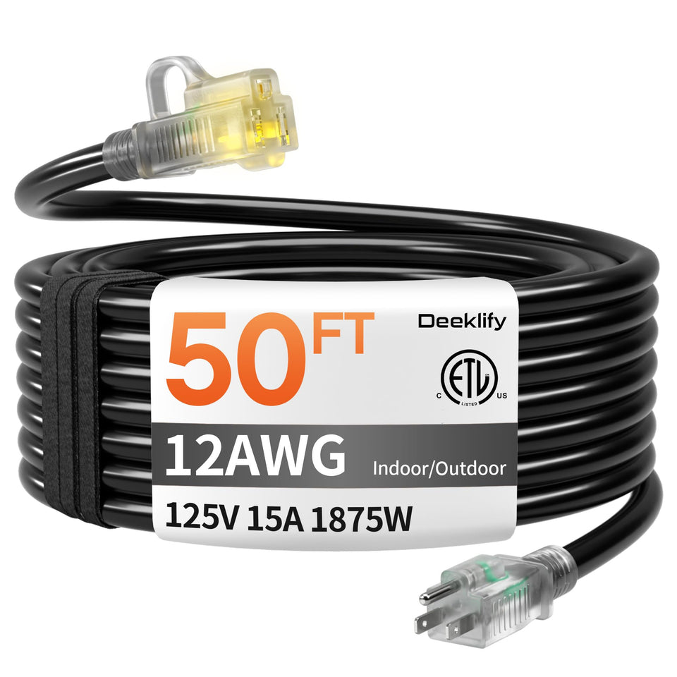 Deeklify 12ga 50ft outdoor extension cord for heavy-duty outdoor tasks
