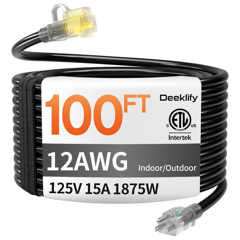 Deeklify 12Gauge 100ft extension cord with end light for outdoor visibility