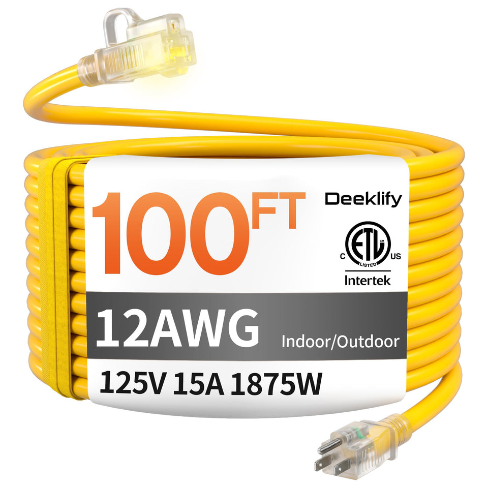 Deeklify 12 Gauge 100 ft extension cord yellow for outdoor power access