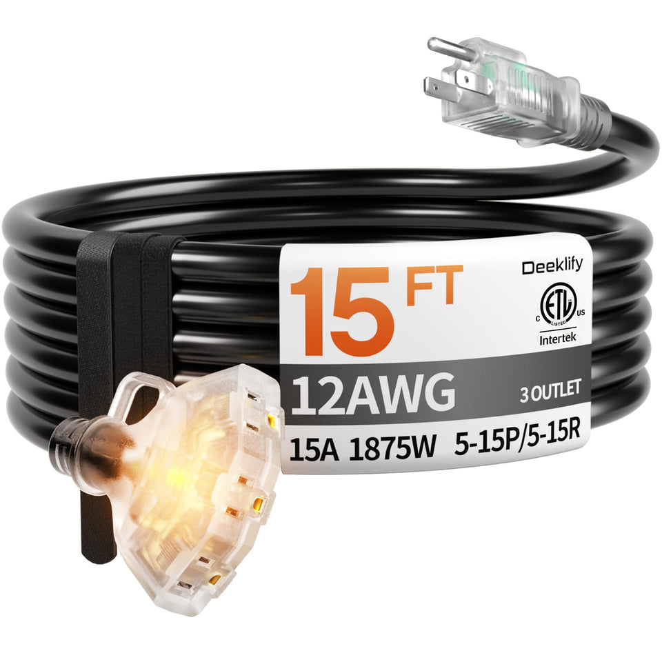 Deeklify 15ft 12-gauge extension cord with three outlets for outdoor power reliability.