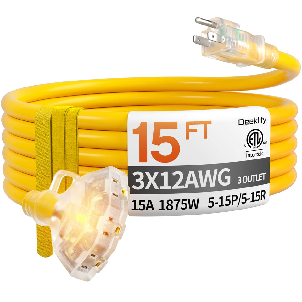 Deeklify 15ft 12ga outdoor extension cord with three outlets for powerful garden tools