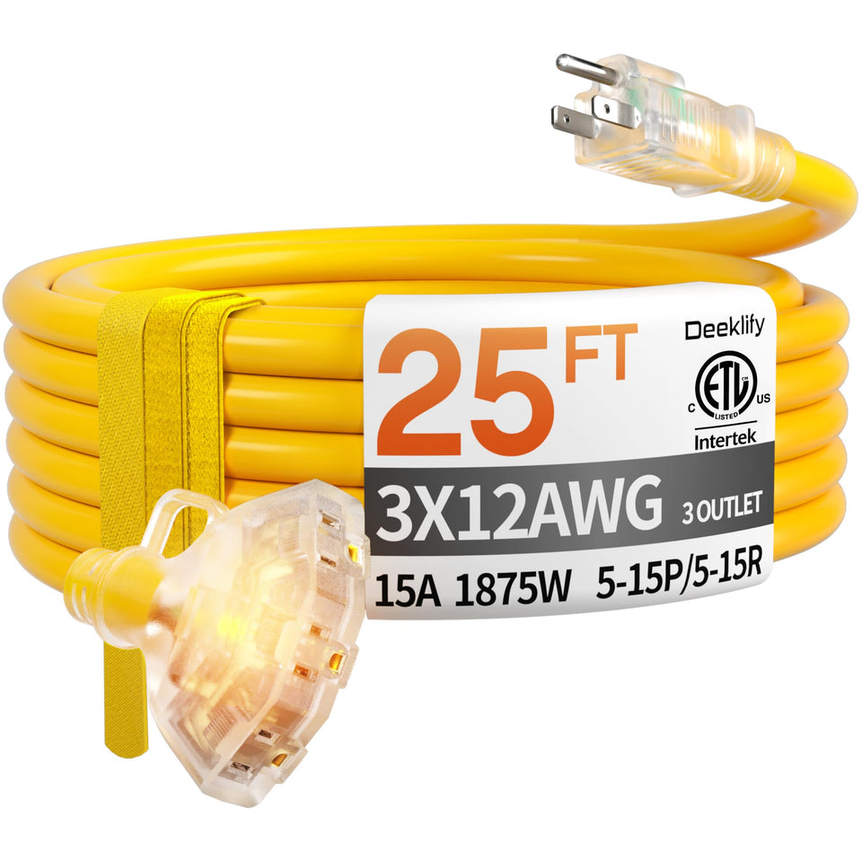 Deeklify 25ft 12-gauge extension cord with indicator light for safe power access