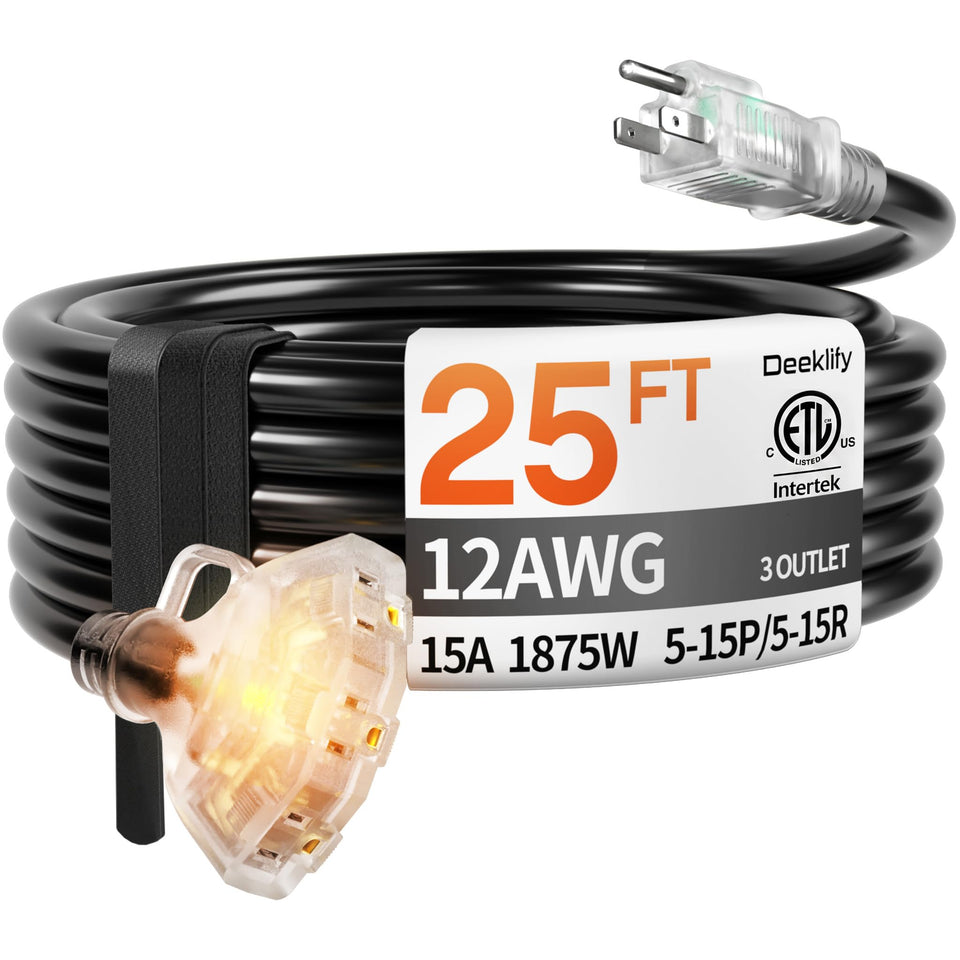 Deeklify 25ft extension cord outdoors with three outlets for heavy-duty use