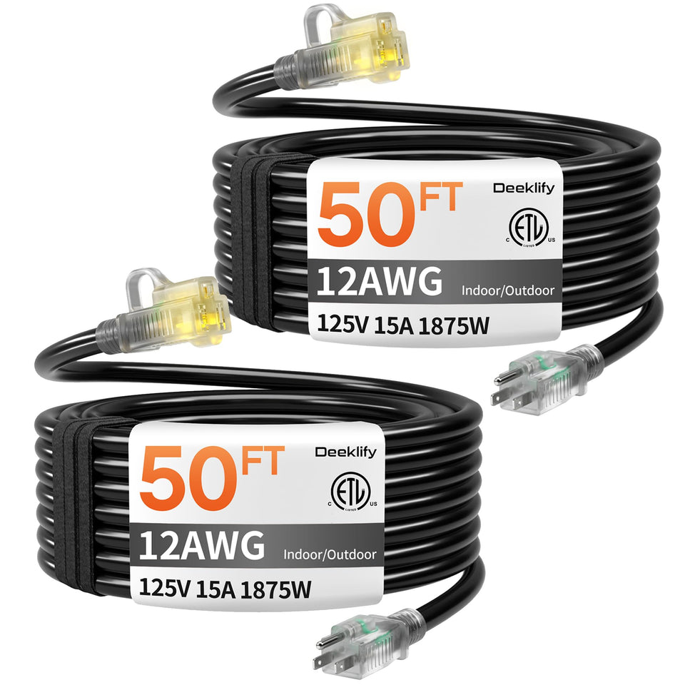 Deeklify 2-pack 50 ft outdoor extension cord with lighted end for easy status checks.