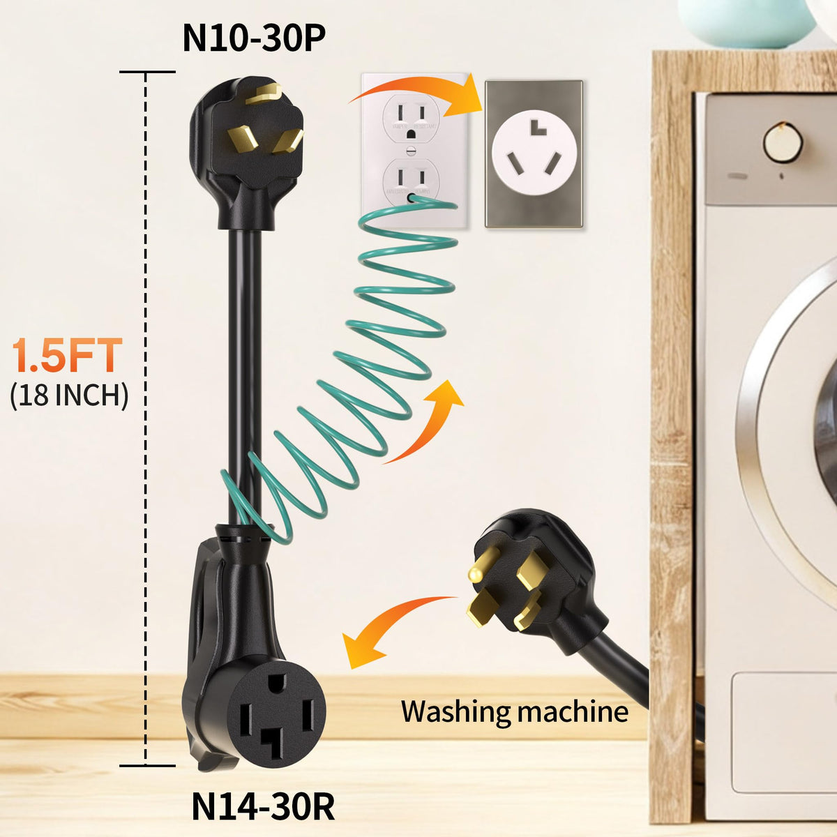 Deeklify 4-to-3 prong adapter with a compact 1.5-foot footprint.