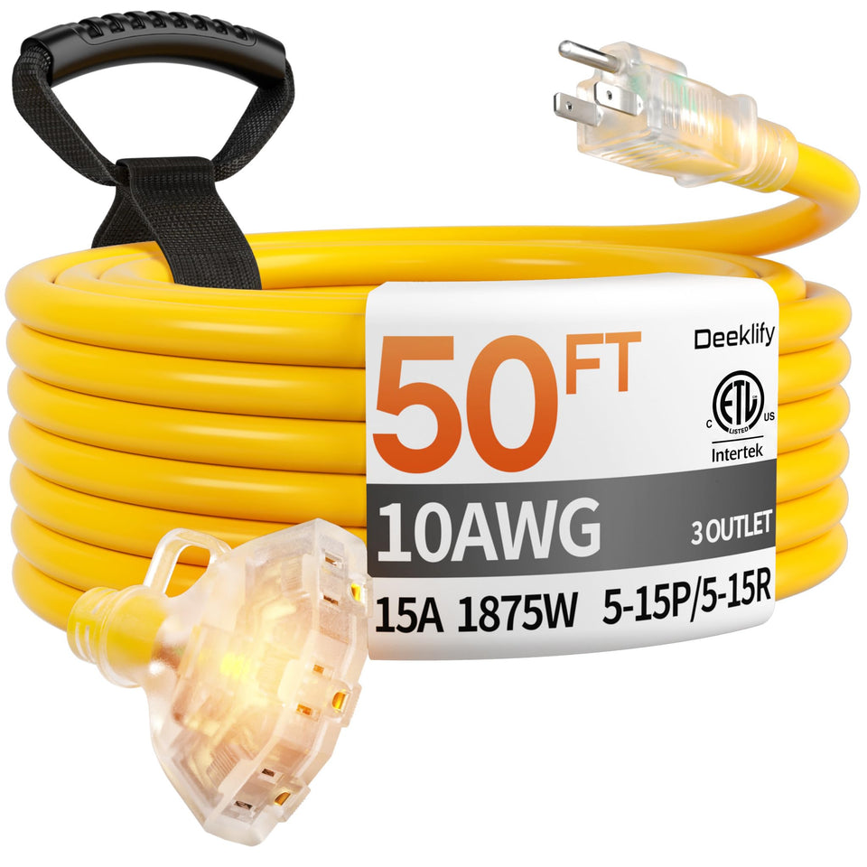 Deeklify 50ft extension cord with indicator light for safer outdoor operation.