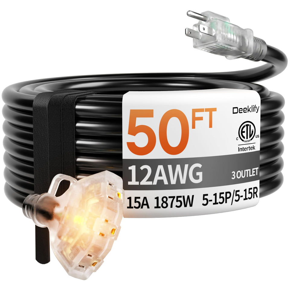 Deeklify 50 ft 12-gauge extension cord outdoors with three outlets for multiple tools.