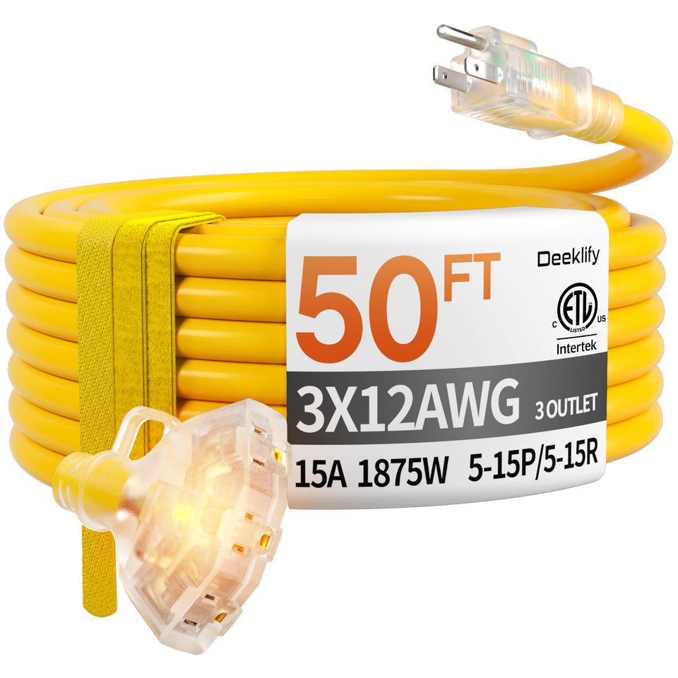 Deeklify 50 ft extension cord with indicator light for safer outdoor setup