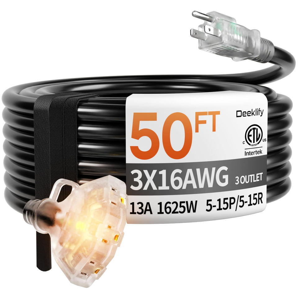 Deeklify 50 ft extension cord with indicator light for safer power checks in low light
