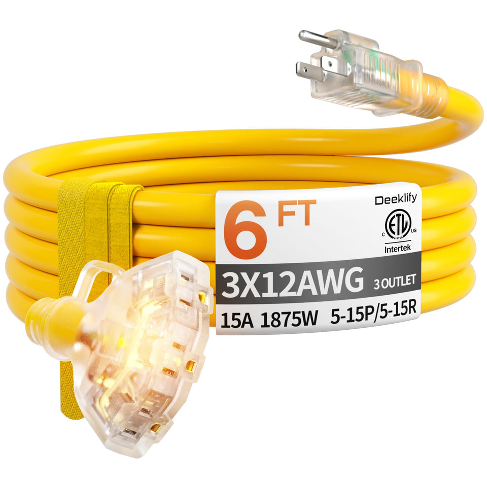 Deeklify 6ft outdoor extension cord with 3 outlets and energization indicator for safety