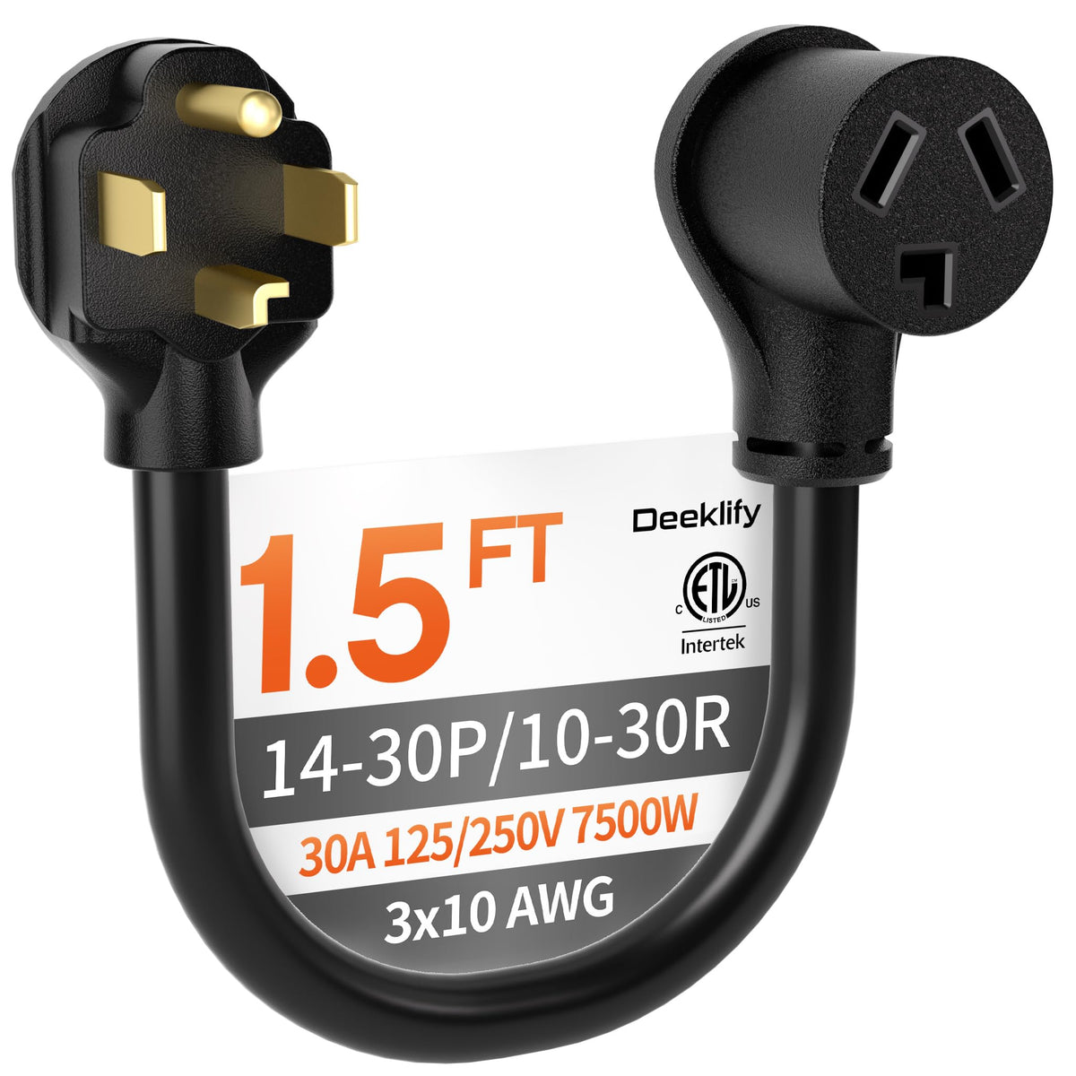 Deeklify dryer adapter 3-to-4 prong angled plug for tight spaces.