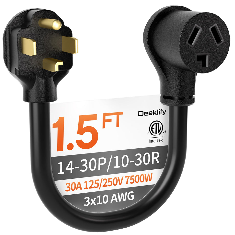 Deeklify dryer adapter 3-to-4 prong angled plug for tight spaces.
