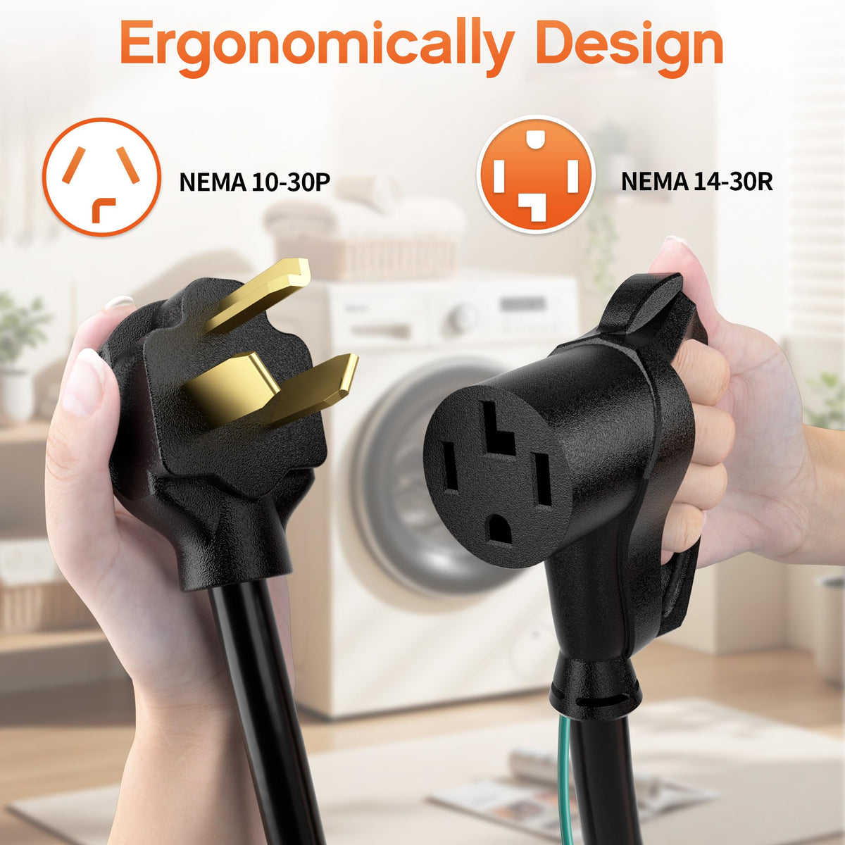 Deeklify right-angle plug saves space against walls for tight laundry areas.