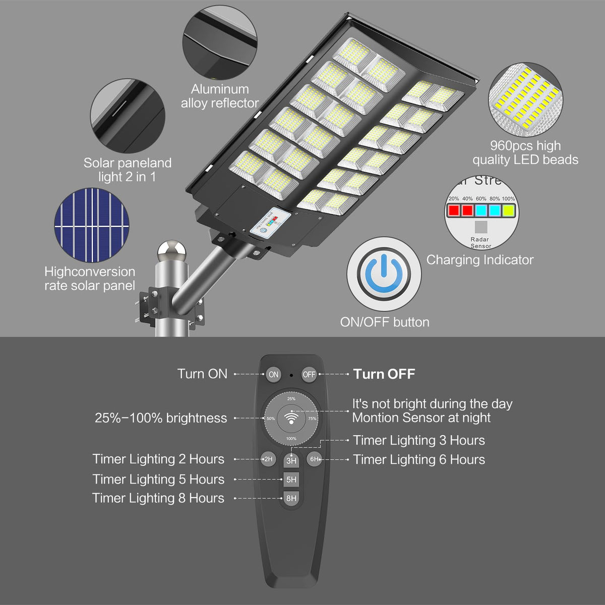 Deepn 8000W solar street light pole-mount ready for outdoor spaces.