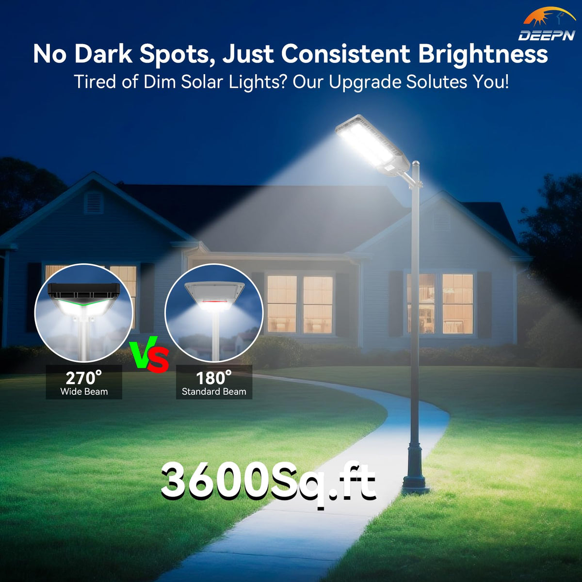 Deepn Solar Street Light 270-degree beam covers broad yards efficiently.