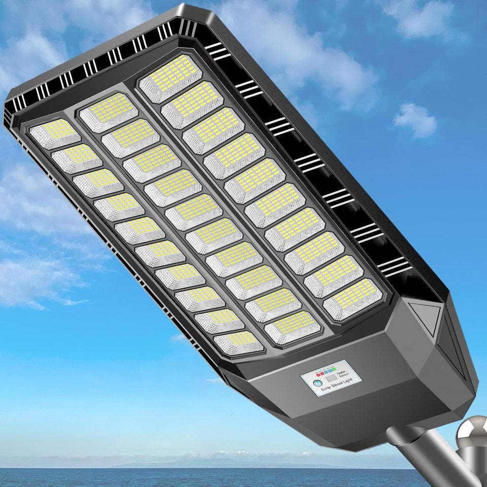 Deepn solar street light front view demonstrates bright coverage for parking lots.