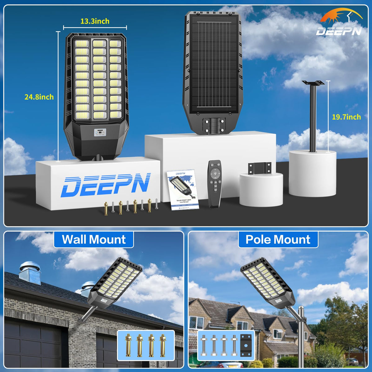 Deepn Solar Street Light parking lot scene showing broad night coverage