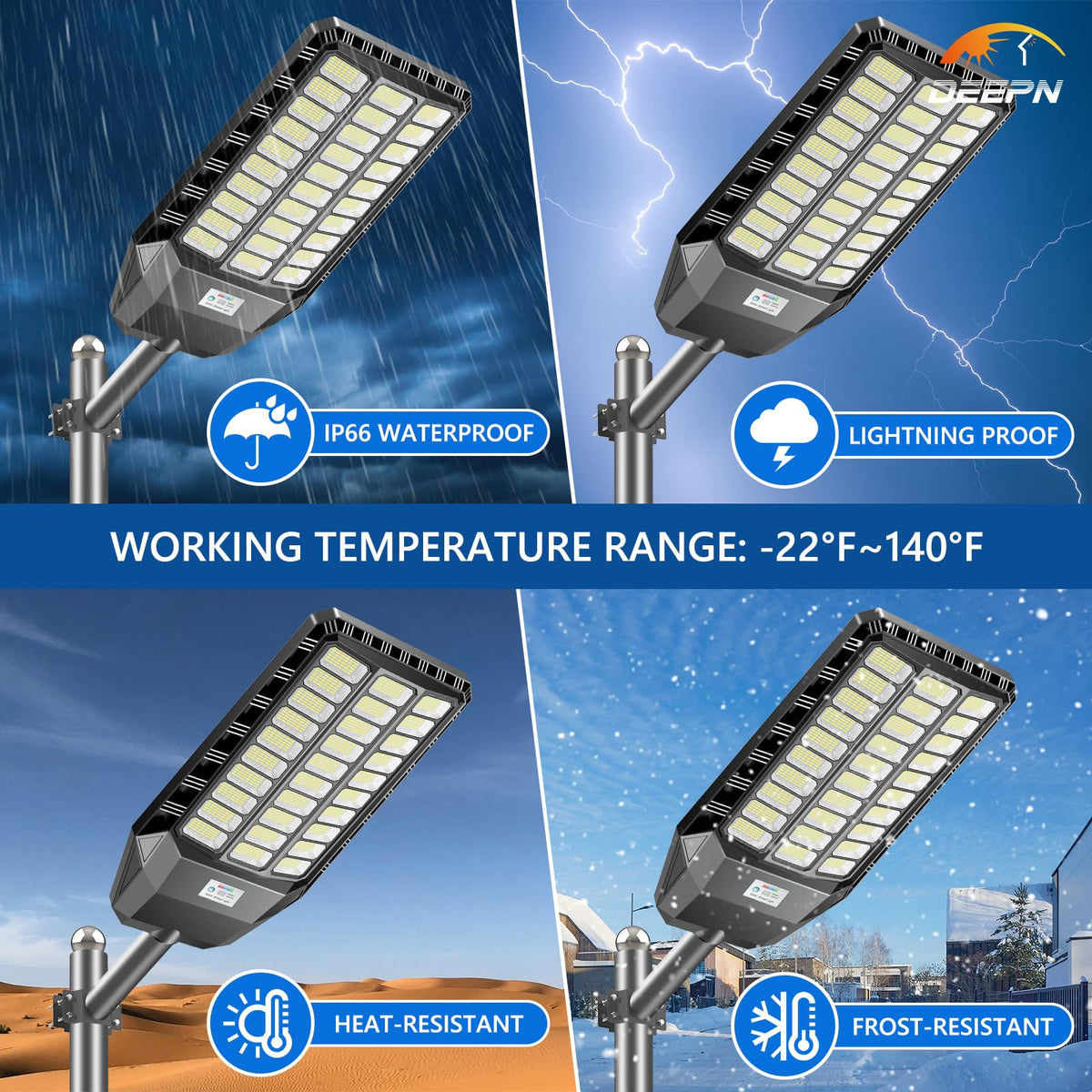 Deepn solar street light IP67 weatherproof design withstands harsh outdoor conditions.