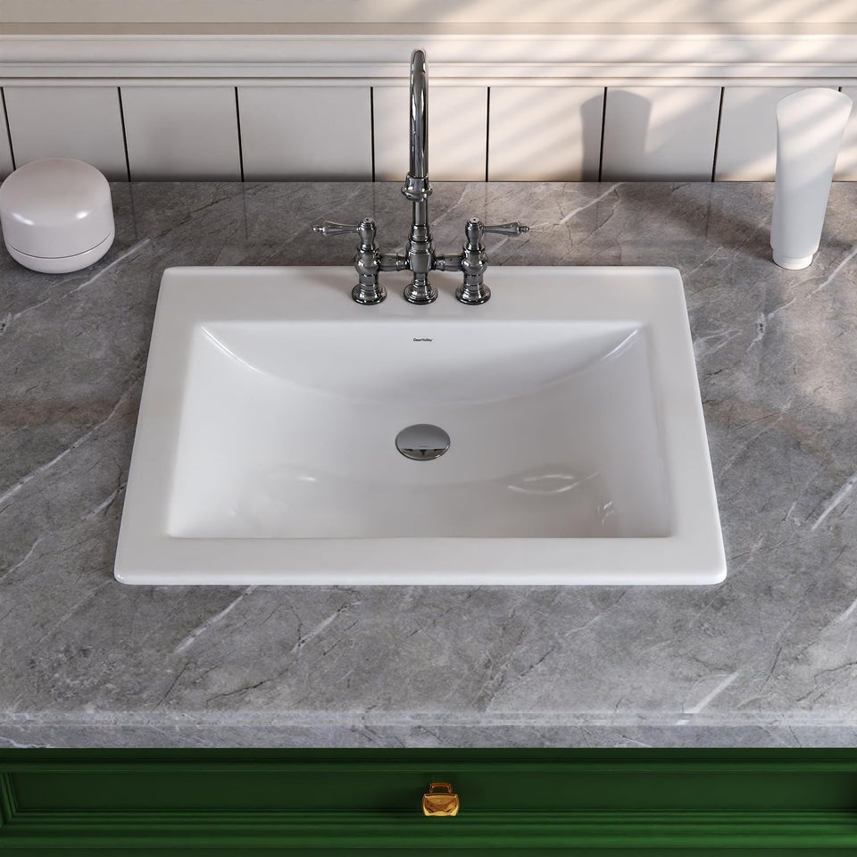 DeerValley 21x18 rectangular sink front view shows a roomy drop-in basin.