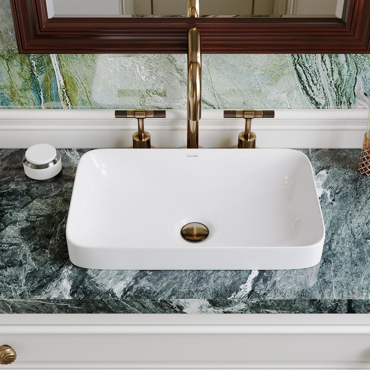 DeerValley vessel sink front view shows rectangular white design and space-saving appeal