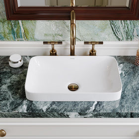 DeerValley vessel sink front view shows rectangular white design and space-saving appeal