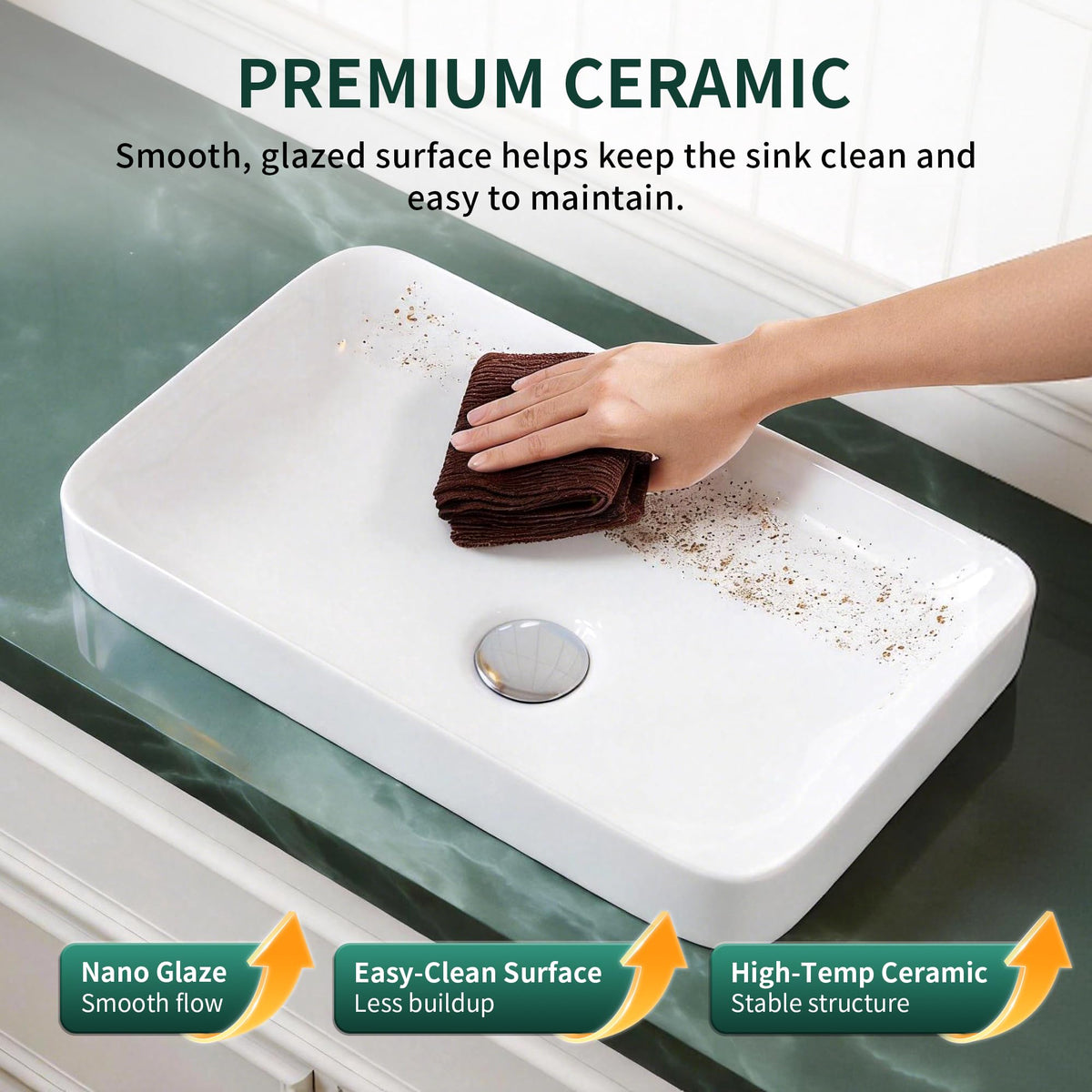 DeerValley sink inner rim closeup emphasizes easy wipe-clean glaze