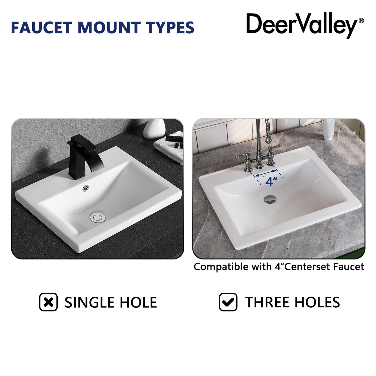 DeerValley white vanity basin close-up emphasizes smooth ceramic finish and easy cleaning.