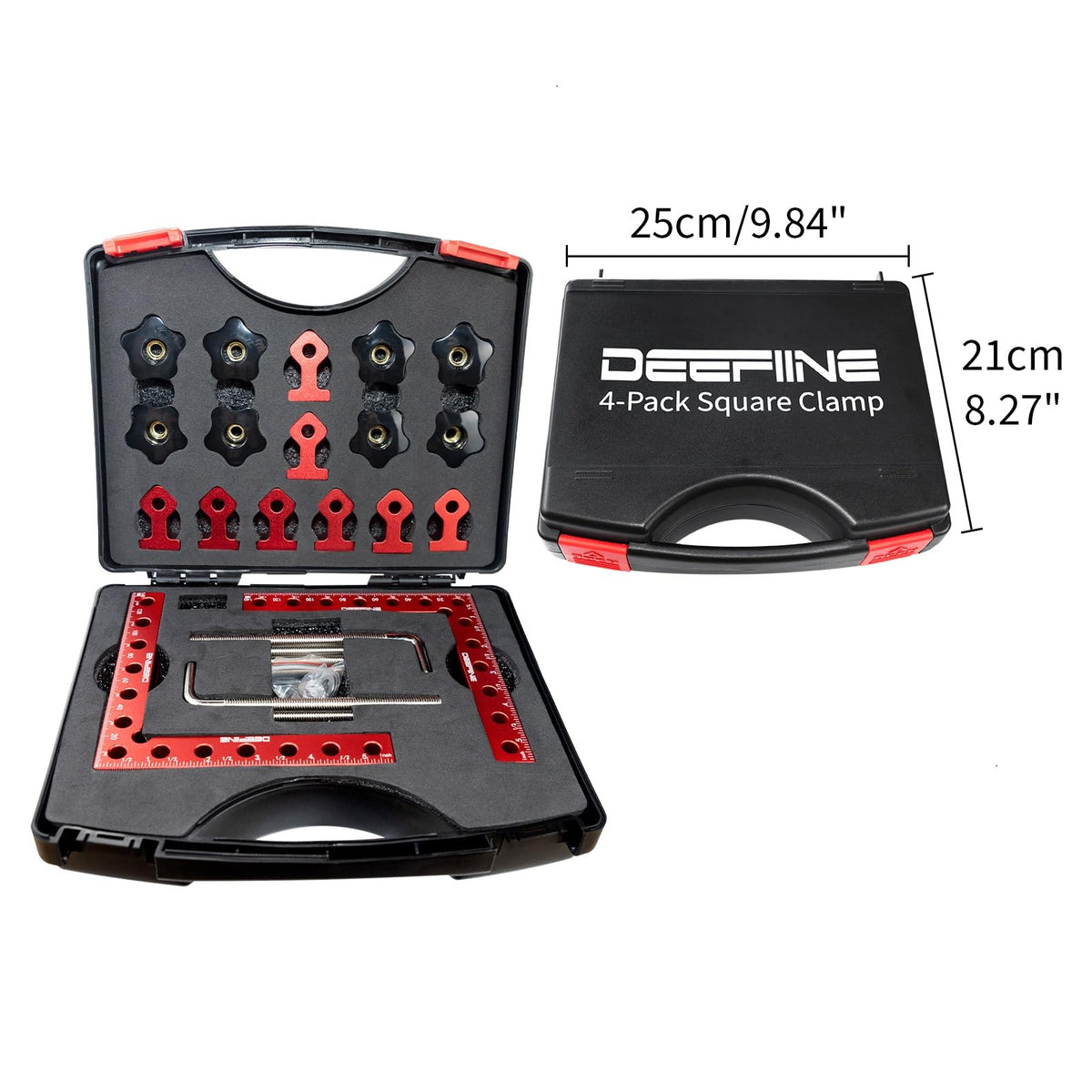 DEEFIINE 90-degree positioning square in use showing quick, accurate joints