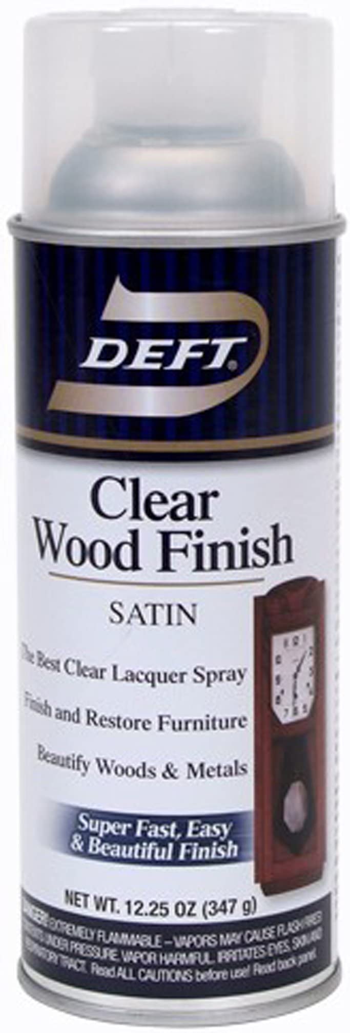 DEFT satin clear wood finish spray for interior surfaces, fast-drying and non-yellowing.