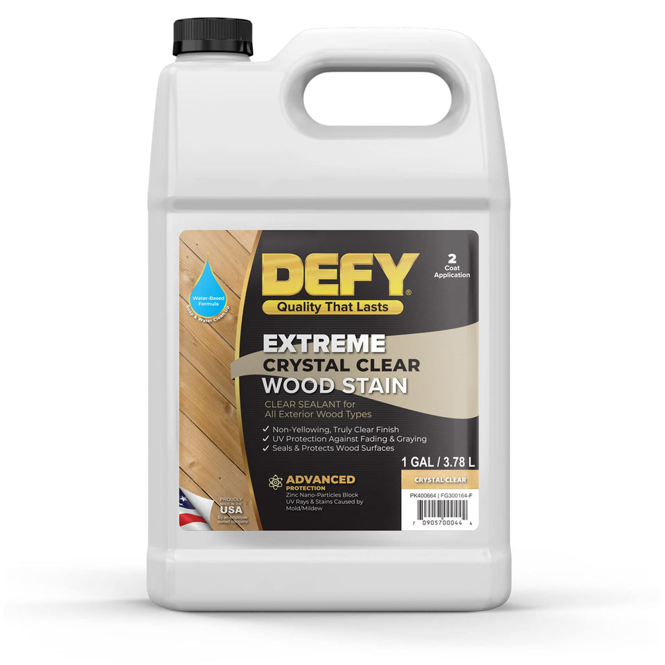 DEFY Extreme Crystal Clear deck stain provides moisture resistance for outdoor wood.