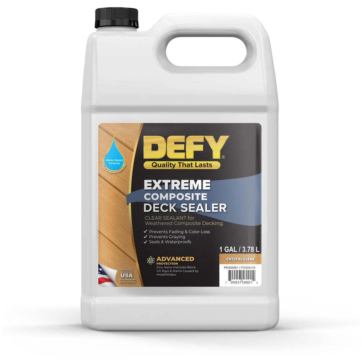 DEFY Extreme deck sealer bottle closeup showing crystal clear finish for wood and composite