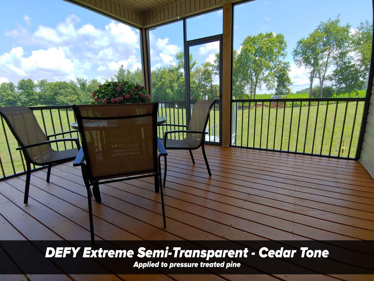 DEFY Extreme cedar-tone stain for deck boards reduces graying and fading.
