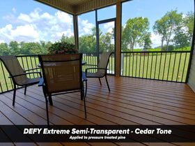 DEFY Extreme cedar-tone stain for deck boards reduces graying and fading.