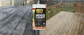 DEFY Wood Cleaner working on a deck surface removing grime