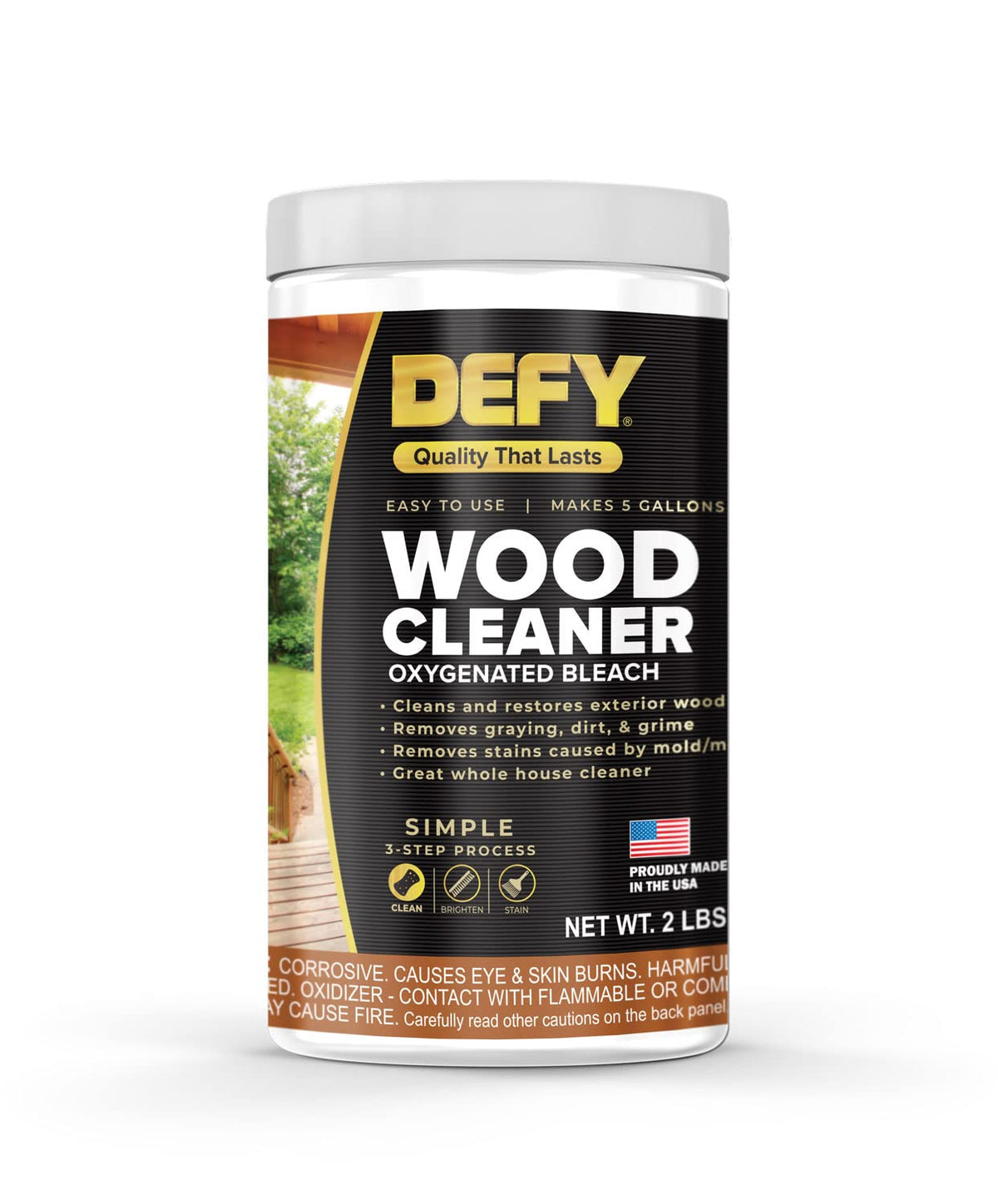 DEFY Wood Cleaner powder concentrate bottle ready for deck prep and cleaning