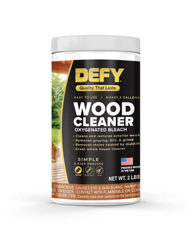 DEFY Wood Cleaner powder concentrate bottle ready for deck prep and cleaning