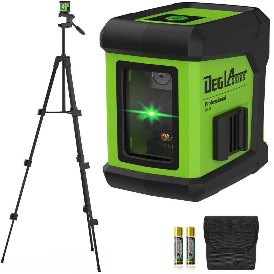 DegLasers green cross-line laser at 100ft for accurate layouts.