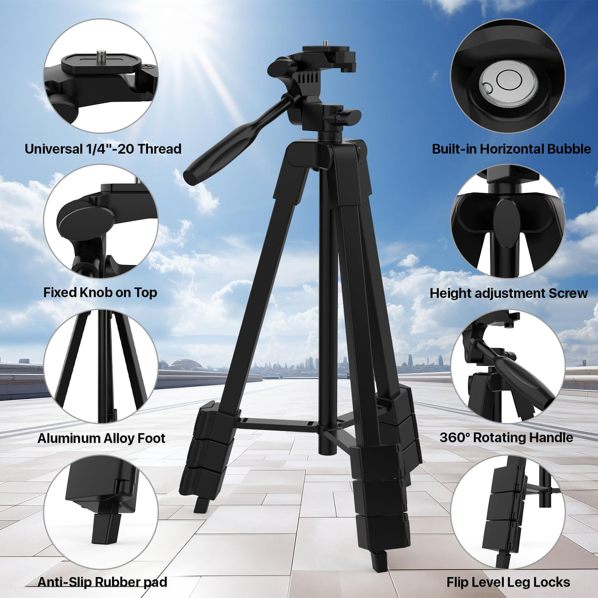 DEGLASERS tripod with built-in bubble level for quick leveling