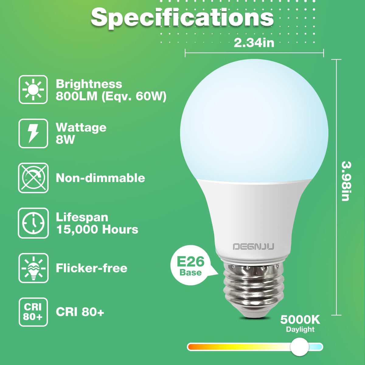 DEGNJU A19 base LED bulb with E26 socket fits standard fixtures.