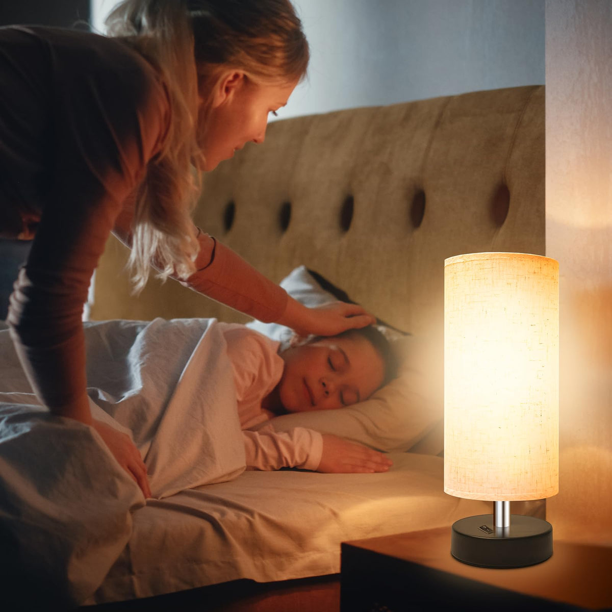 DEGNJU bedside lamps lit at night creating cozy bedroom ambiance